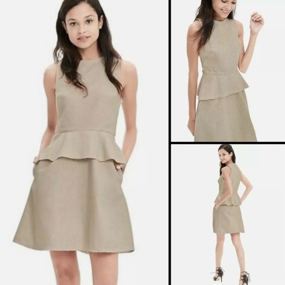 Banana Republic Beige Linen Blend Raw Hem Peplum A-Line Dress - Picture 1 of 11